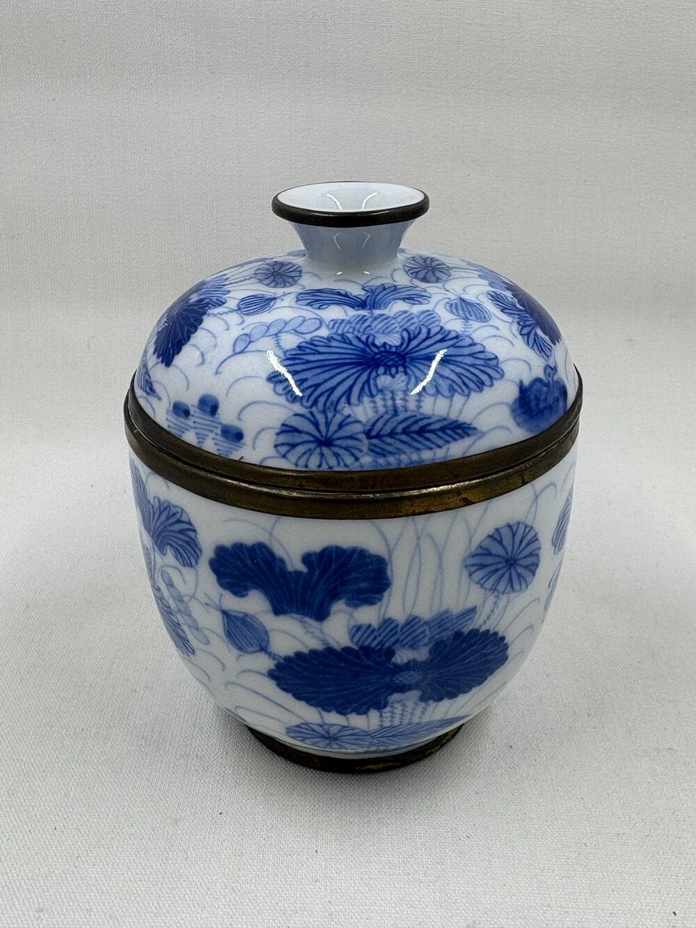 Vintage Blue & White Floral Porcelain Ginger Jar with Brass Trim & Lid